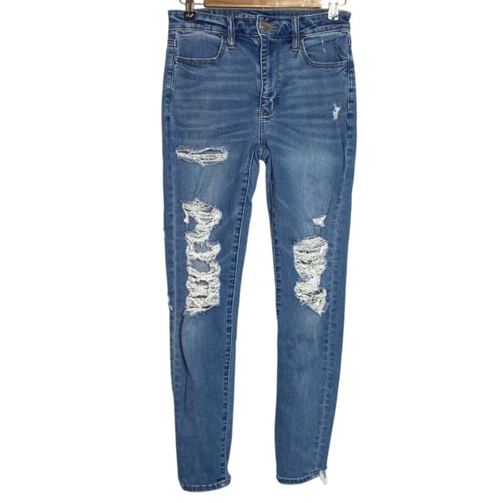 American Eagle Super Hi-Rise Distressed Blue Jeggings Size 6 Regular